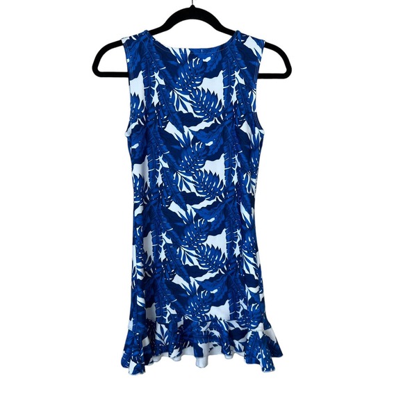 Tina + Jenna Leaf Print Dress XXS Ruffle Hem Sleeveless Blue White Vneck Mini - Picture 2 of 9